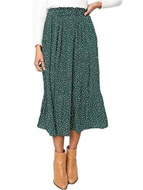 Womens Polka Dot Maxi Skirt Pleated High Waisted A Line Midi Skirt